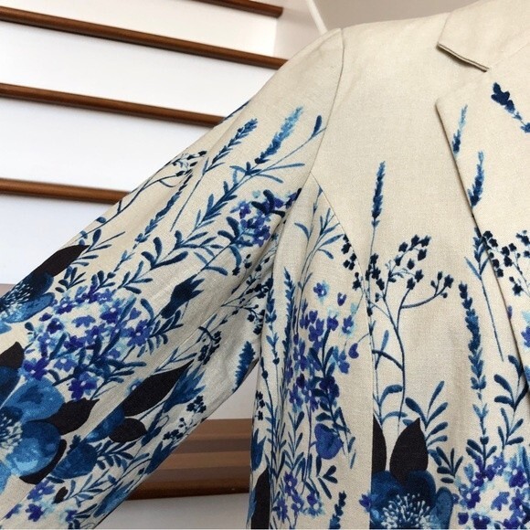 Norm Thompson Blazer Womens Large Blue Linen Floral Watercolor Blend One Button - Picture 5 of 15